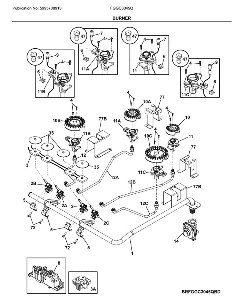 Burner Diagram and Parts List for FGGC3045QBD  Frigidaire Cooktop