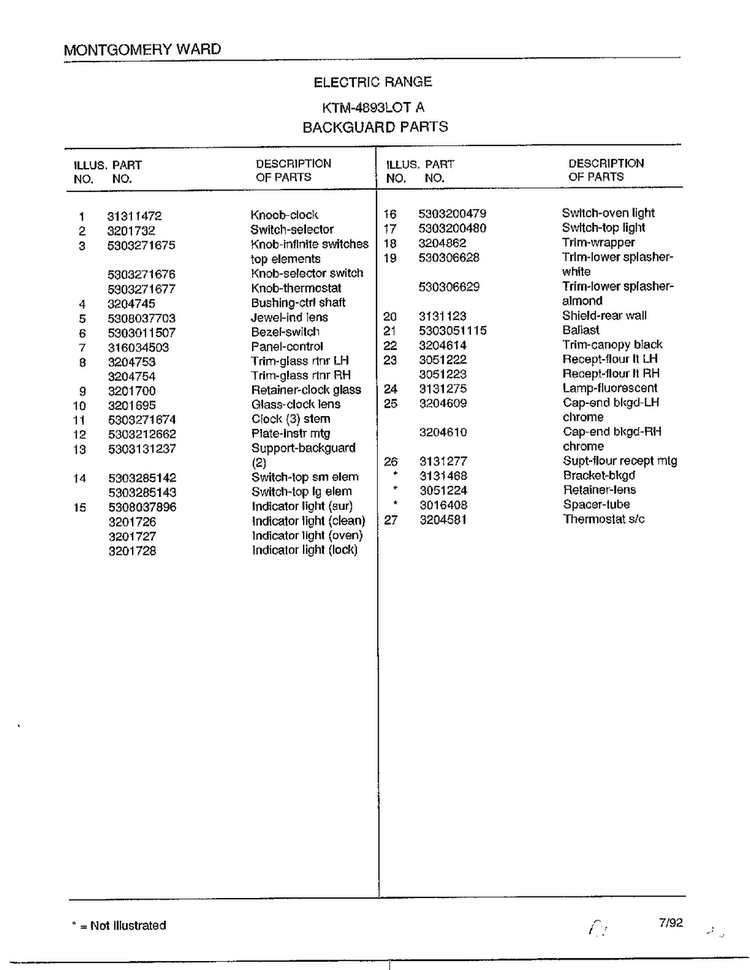 Backguard Parts Page 2 Diagram and Parts List for 4893A  Frigidaire Range