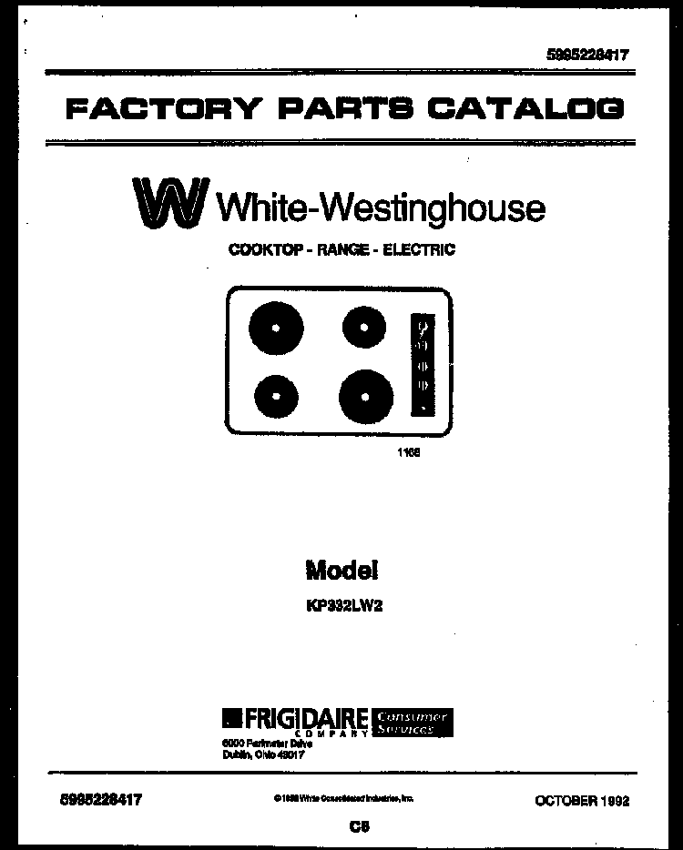 Cover Diagram and Parts List for KP332LW2 LUSTERLOY Westinghouse Cooktop