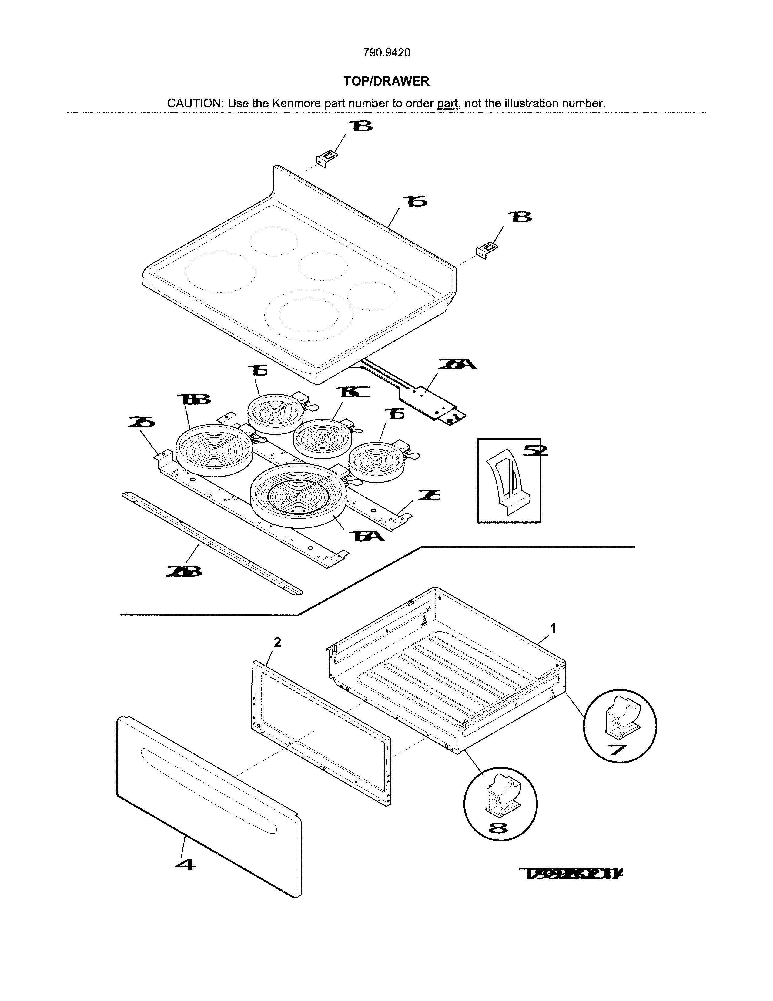 Top/drawer Diagram and Parts List for 79094202312  Kenmore Range