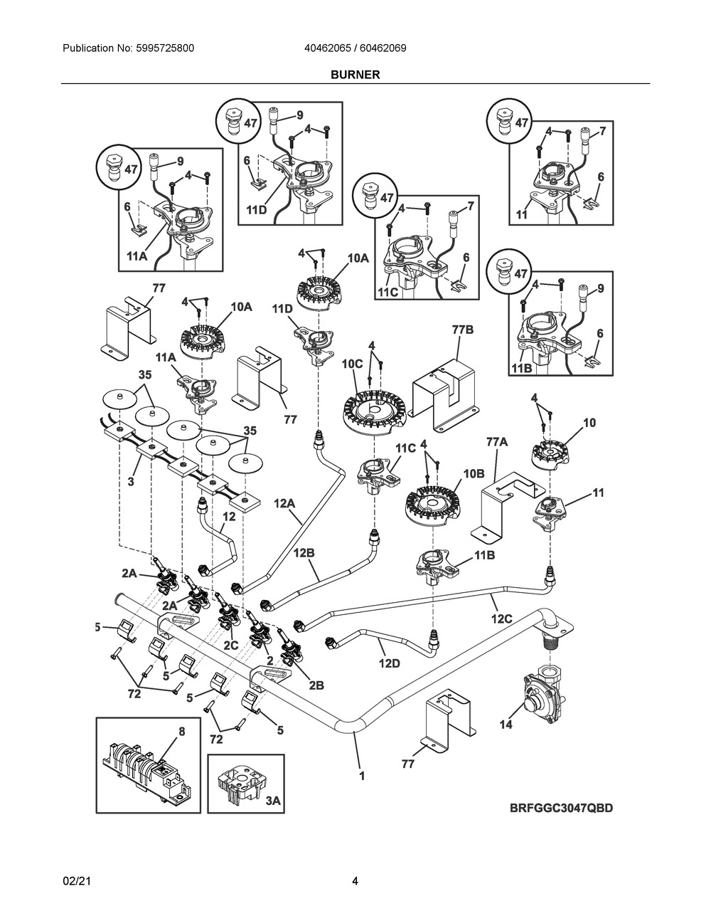 Burner Diagram and Parts List for 60462069A  Frigidaire Cooktop