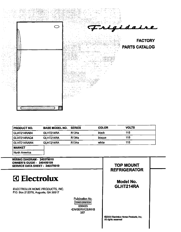 COVER Diagram and Parts List for GLHT214RAB4  Frigidaire Refrigerator
