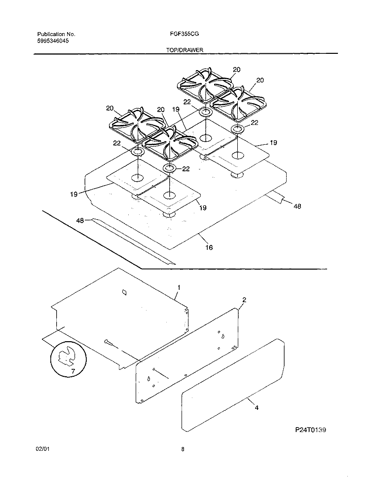 TOP / DRAWER Diagram and Parts List for FGF355CGSF  Frigidaire Range