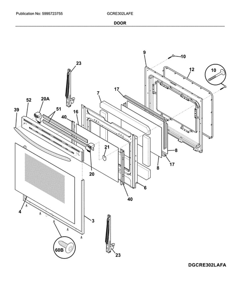 Door Diagram and Parts List for GCRE302LAFE  Frigidaire Range