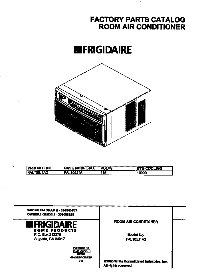 COVER Diagram and Parts List for FAL105J1A2  Frigidaire Air Conditioner