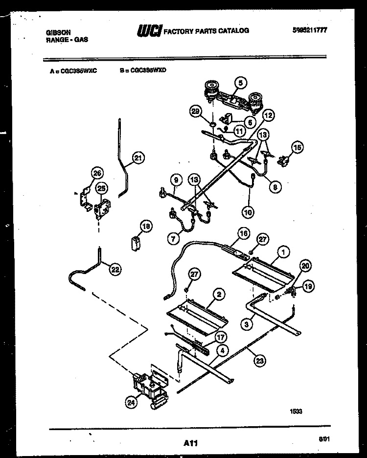 BURNER PARTS Diagram and Parts List for CGC3S5WXC  Gibson Range