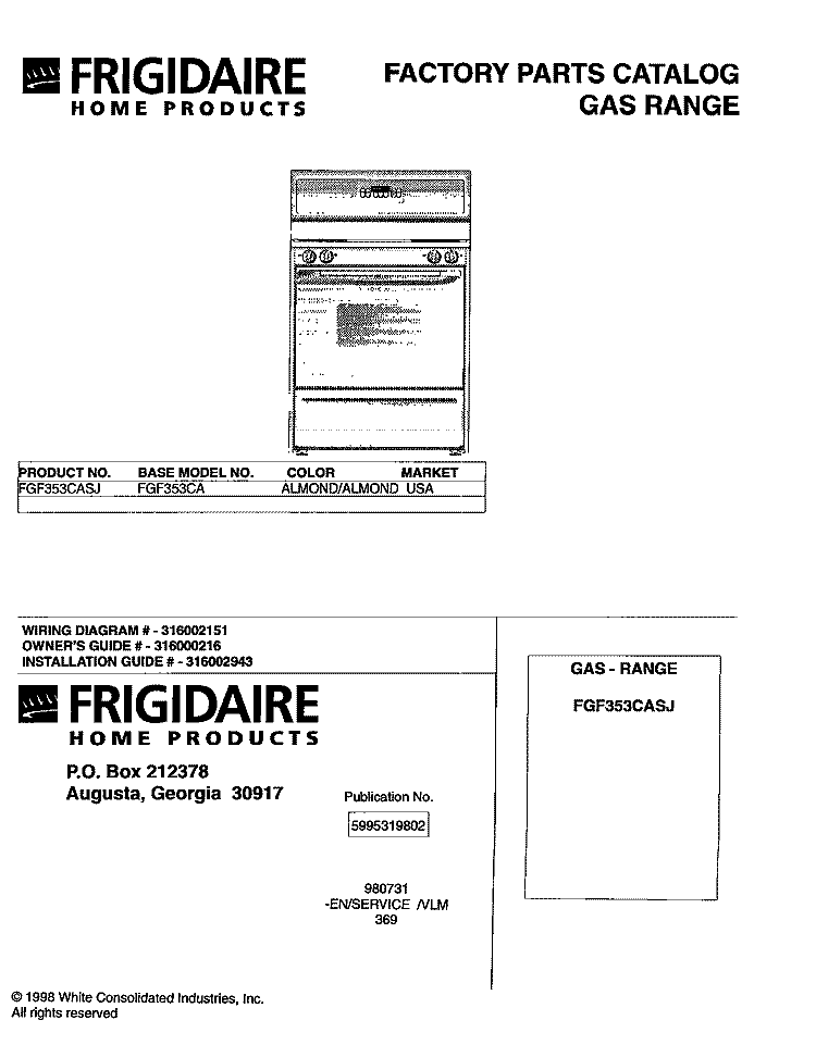 COVER Diagram and Parts List for FGF353CASJ  Frigidaire Range
