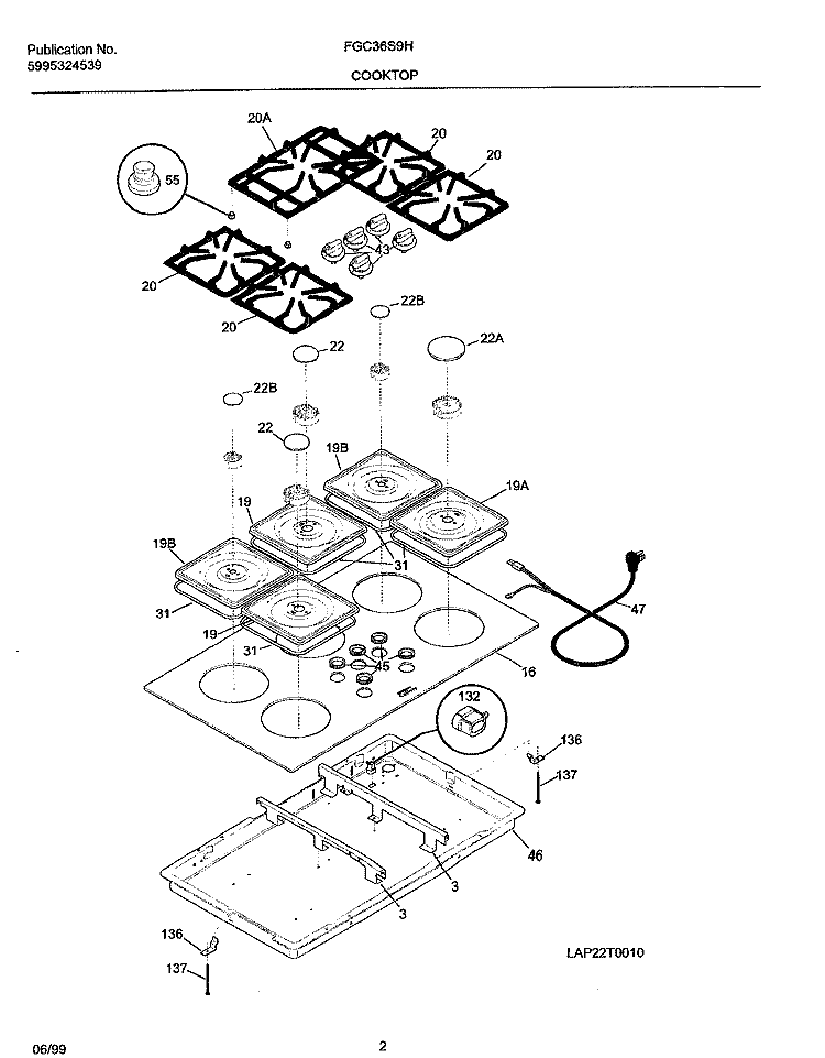 COOKTOP Diagram and Parts List for FGC36S9HBA  Frigidaire Cooktop