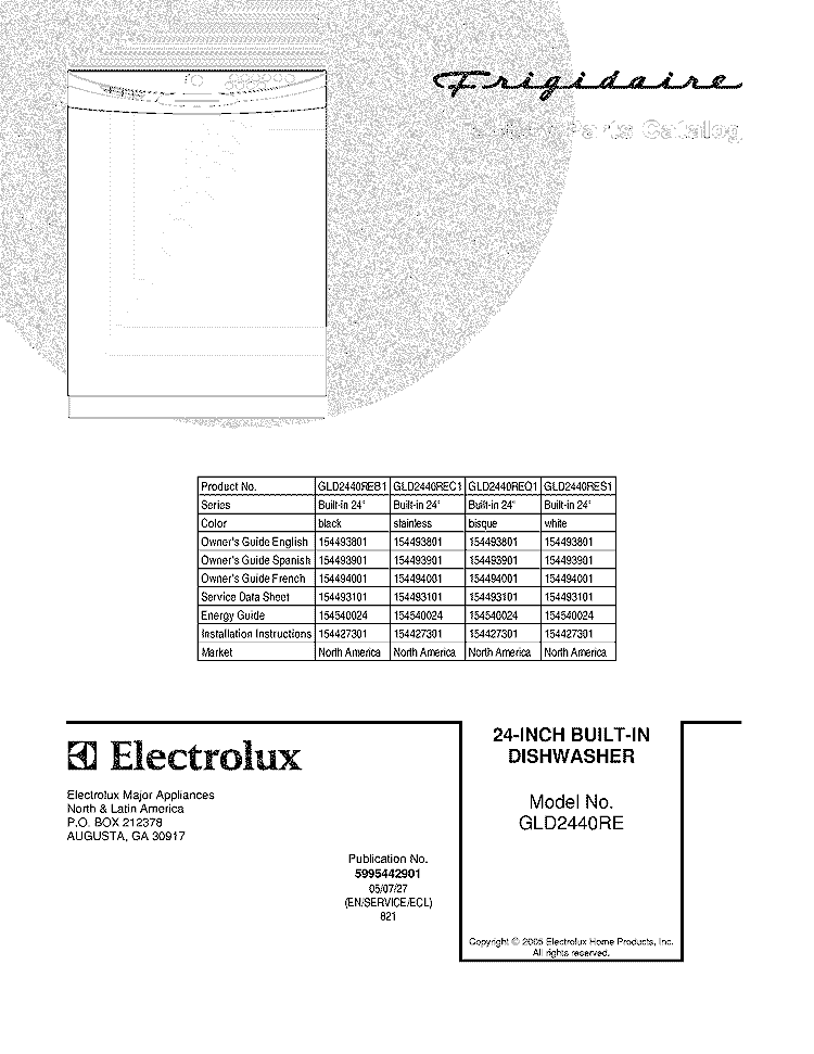 COVER Diagram and Parts List for GLD2440REQ1  Frigidaire Dishwasher