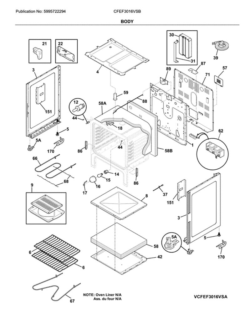 Body Diagram and Parts List for CFEF3016VSB  Frigidaire Range