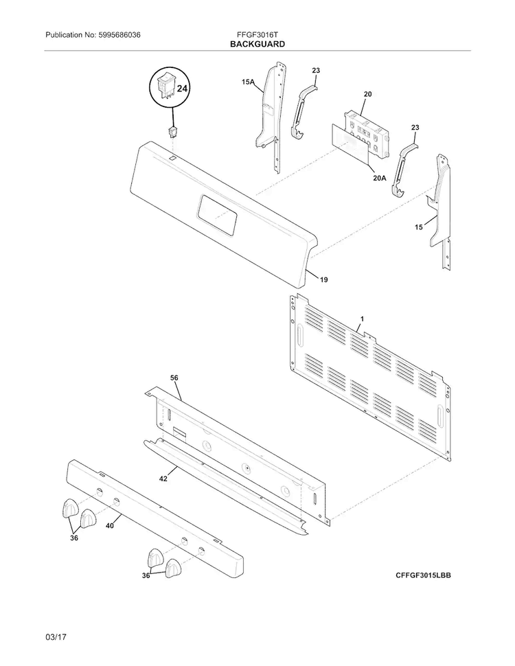 Backgaurd Diagram and Parts List for FFGF3016TWA  Frigidaire Range