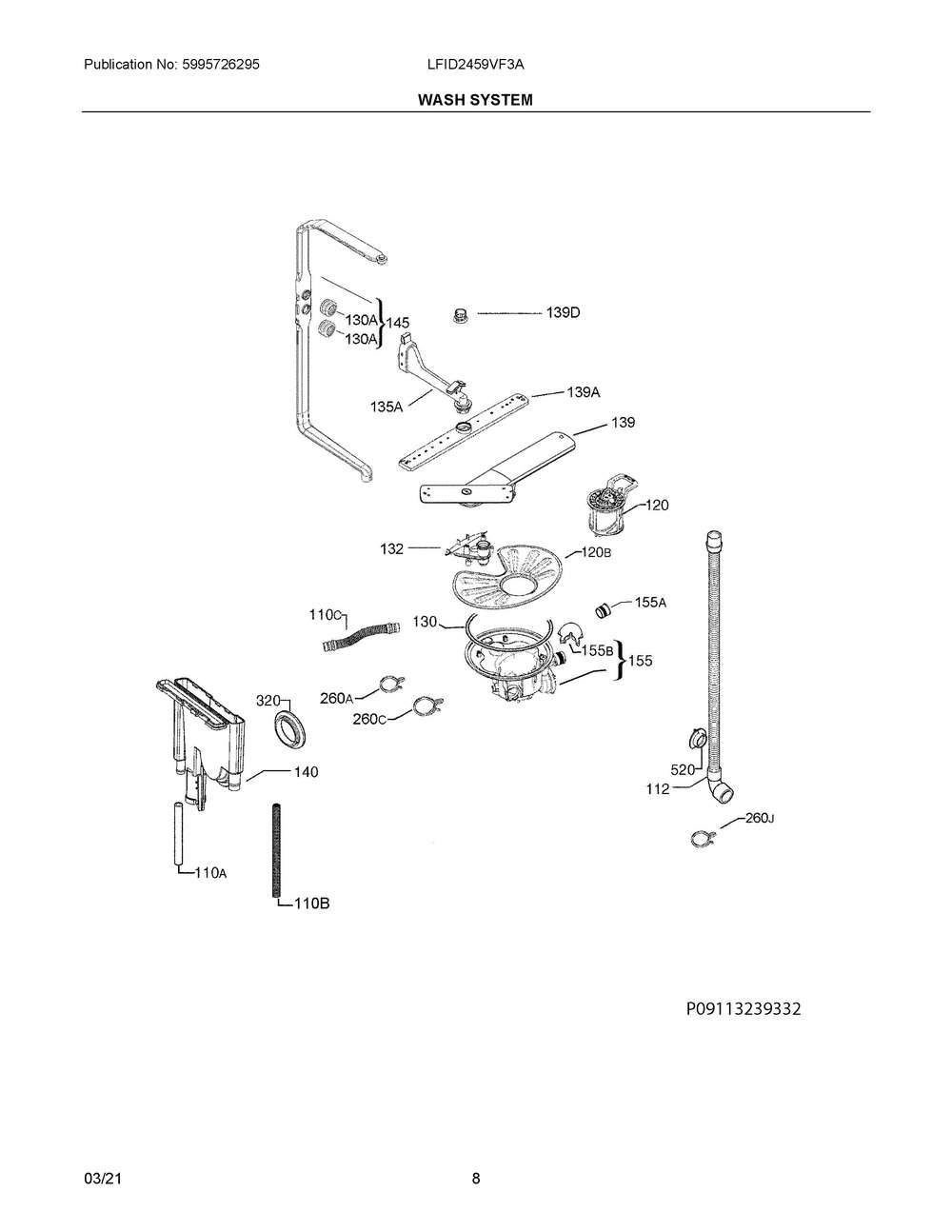 Wash System Diagram and Parts List for LFID2459VF3A  Frigidaire Dishwasher