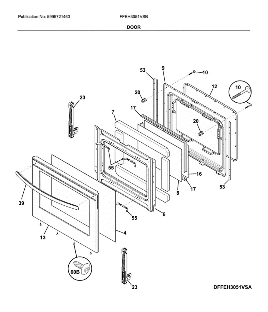 Door Diagram and Parts List for FFEH3051VSB  Frigidaire Range