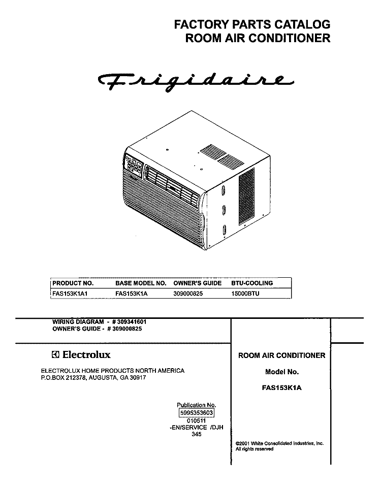COVER Diagram and Parts List for FAS153K1A1  Frigidaire Air Conditioner