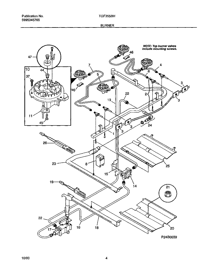 BURNER Diagram and Parts List for TGF355BHDF  Tappan Range