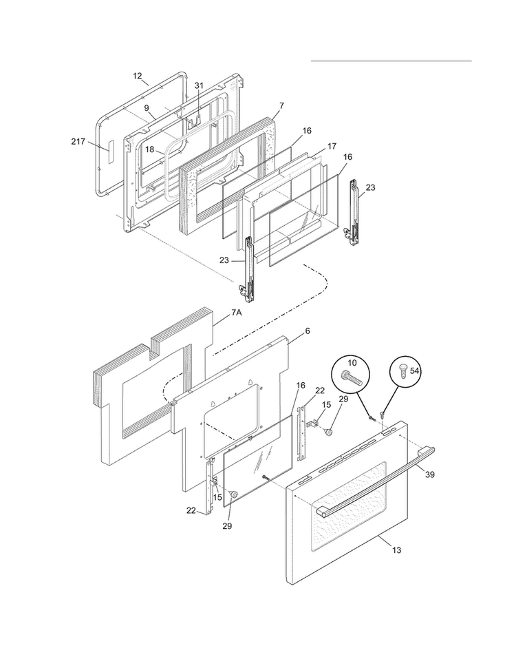 Oven Door Diagram and Parts List for FPEF4085KFD  Frigidaire Range
