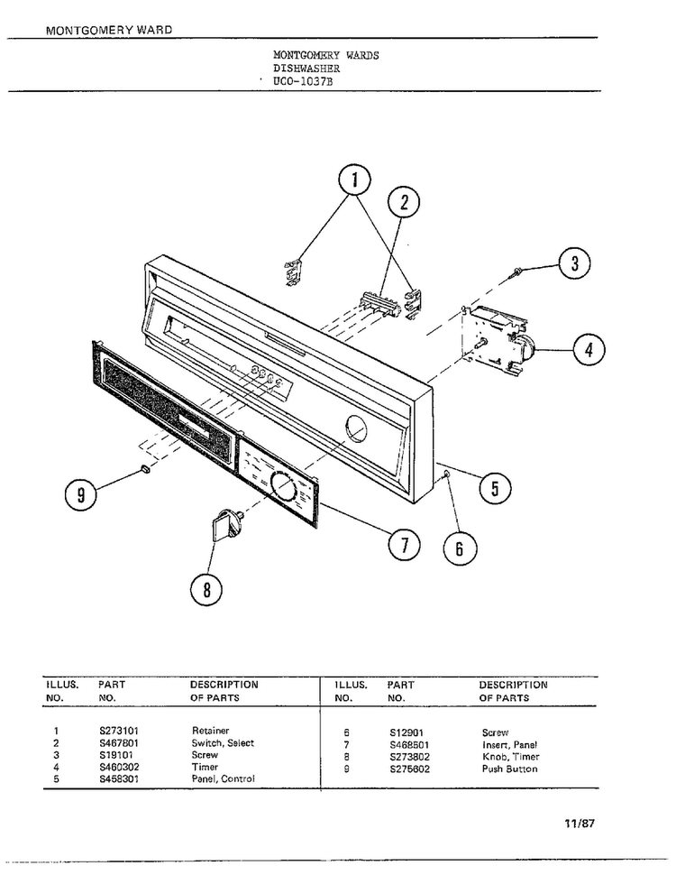 Dishwasher Diagram and Parts List for 1037B  Frigidaire Dishwasher