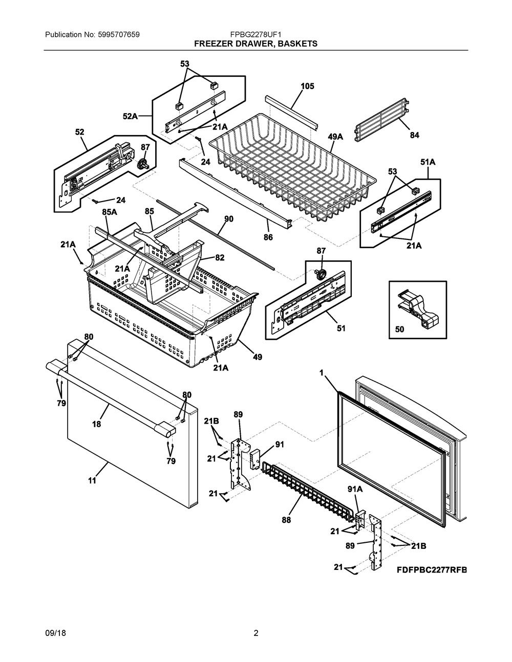 Freezer Drawer, Baskets Diagram and Parts List for FPBG2278UF1  Frigidaire Refrigerator