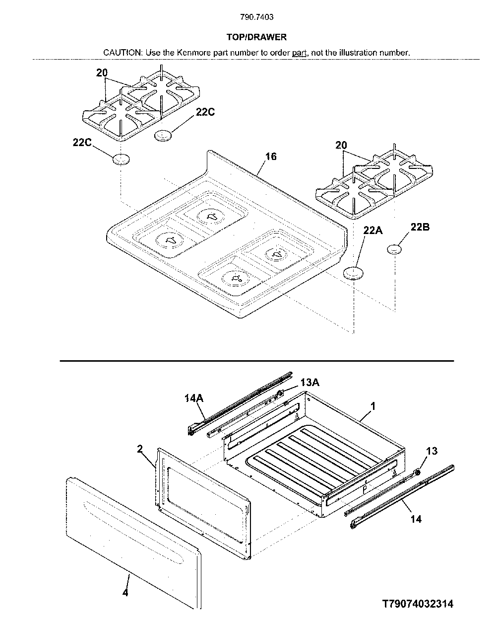 Top/drawer Diagram and Parts List for 79074032314  Kenmore Range