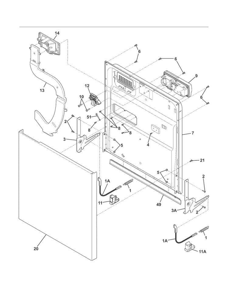 Door Diagram and Parts List for FGBD2445NW0A  Frigidaire Dishwasher