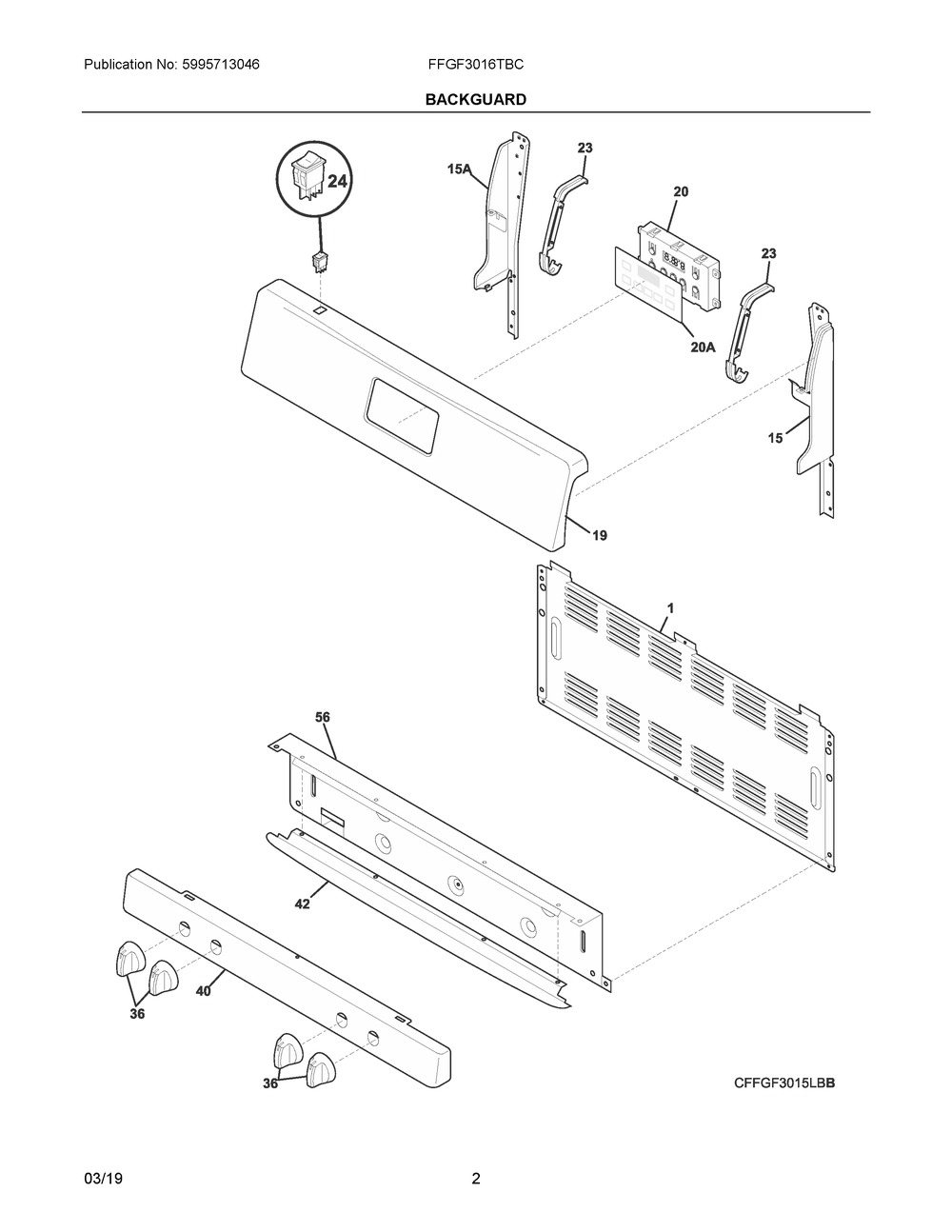 Backguard Diagram and Parts List for FFGF3016TBC  Frigidaire Range