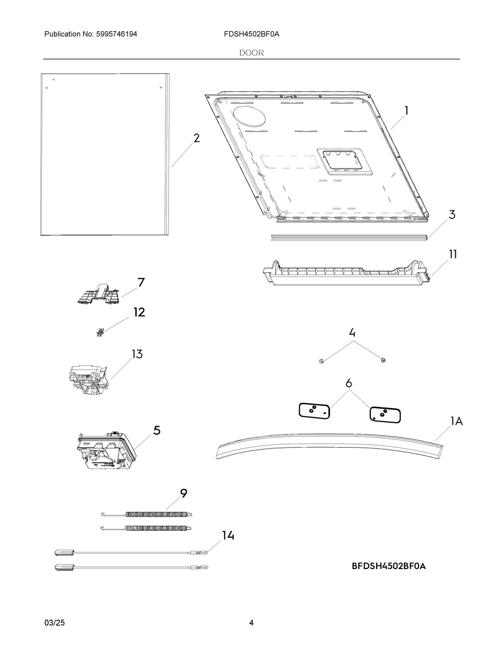 Door Diagram and Parts List for FDSH4502BF0A  Frigidaire Dishwasher