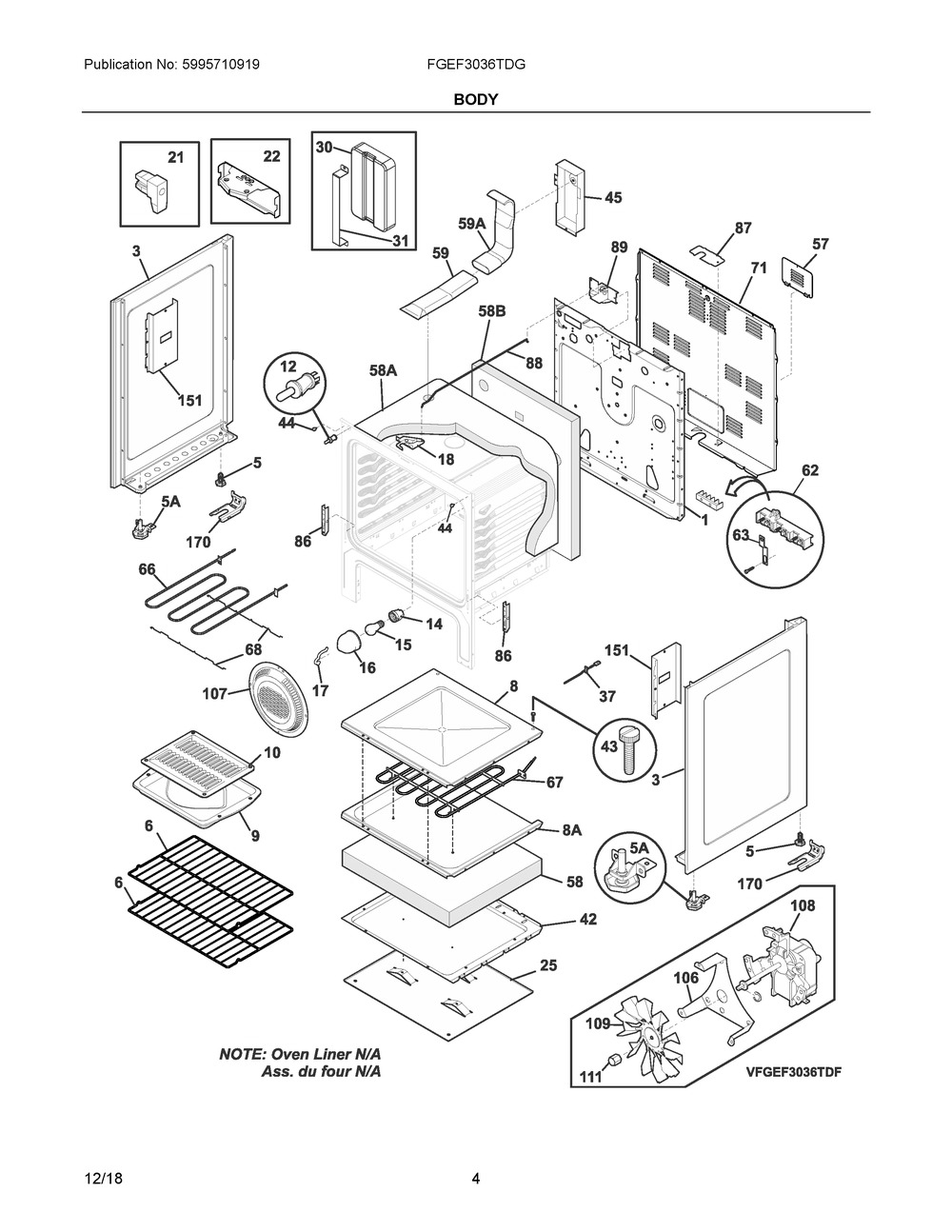 Body Diagram and Parts List for FGEF3036TDG  Frigidaire Range