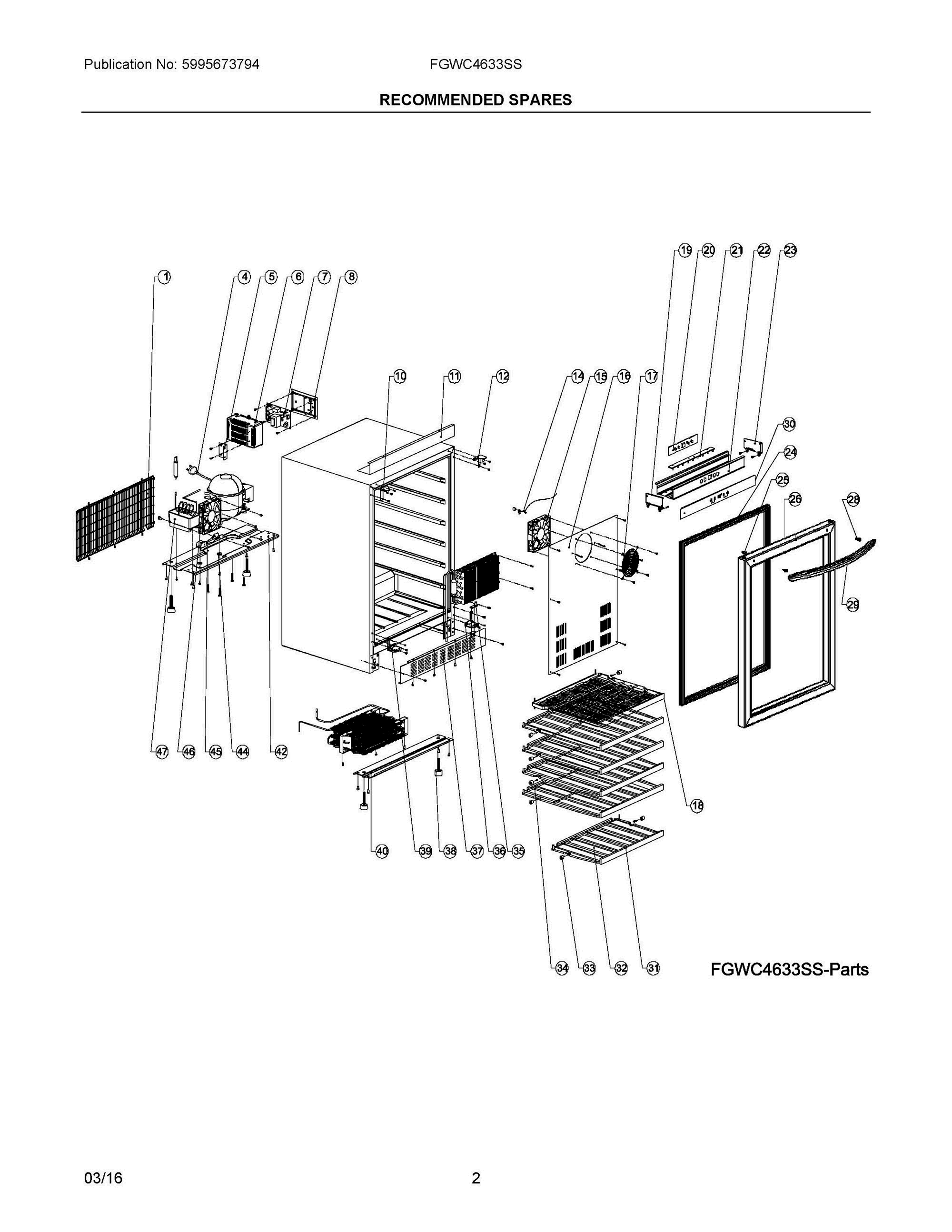 02 - RECOMMENDED SPARES Diagram and Parts List for FGWC4633SS  Frigidaire Wine and Beverage Cooler