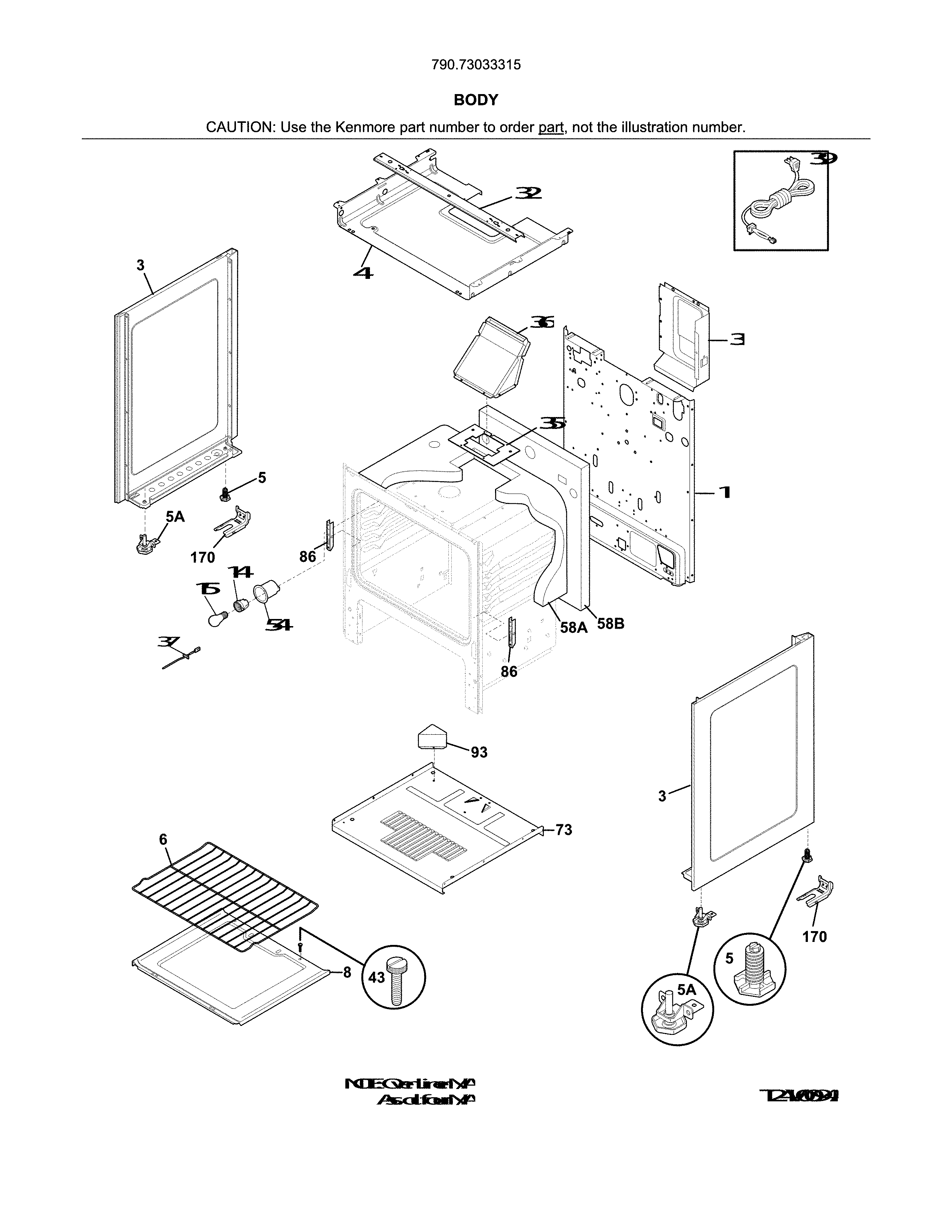 Body Diagram and Parts List for 79073033315  Kenmore Range