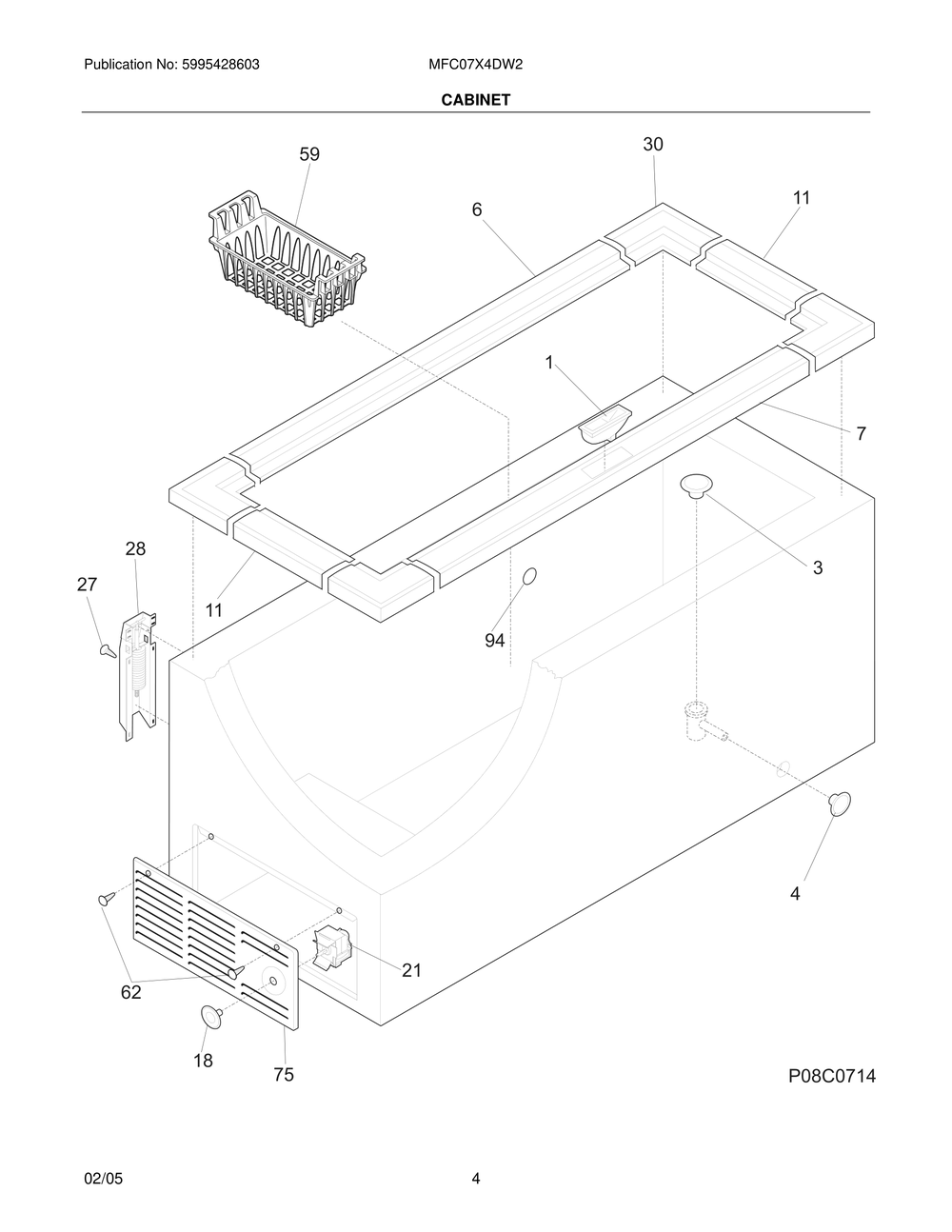 Cabinet Diagram and Parts List for MFC07X4DW2  Frigidaire Freezer