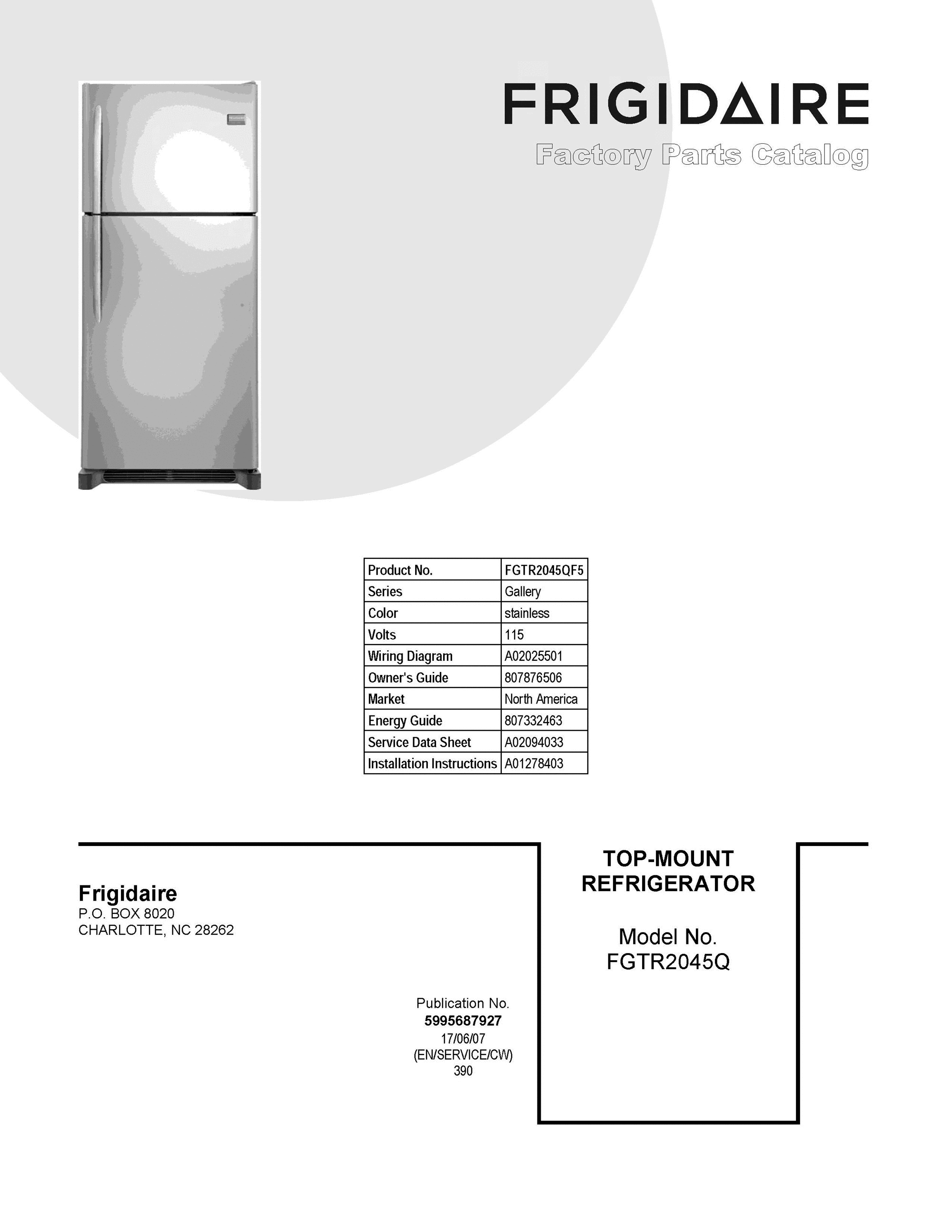 01 - COVER SHEET Diagram and Parts List for FGTR2045QF5  Frigidaire Refrigerator