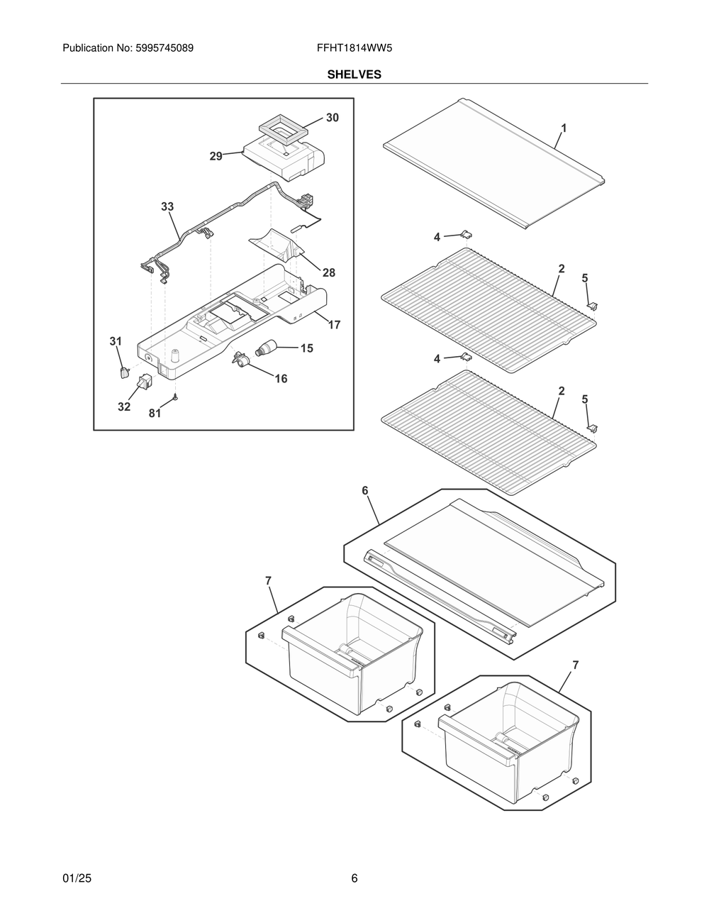 Shelves Diagram and Parts List for FFHT1814WW5  Frigidaire Refrigerator