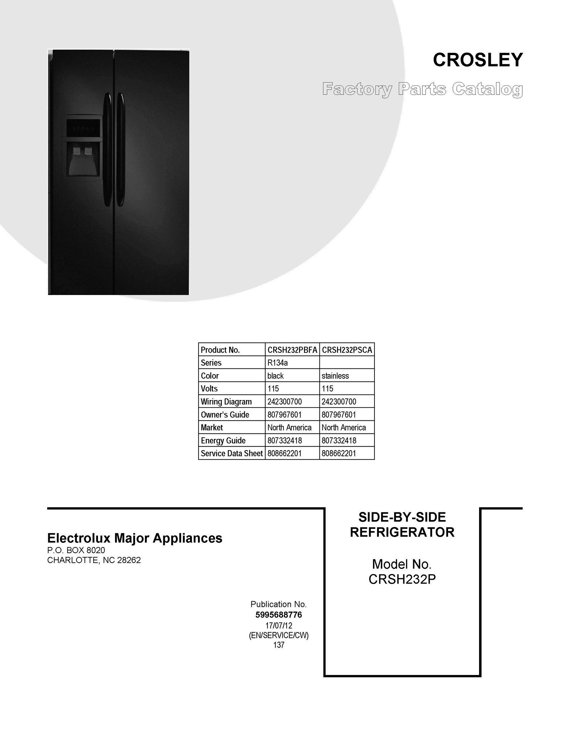 01 - COVER SHEET Diagram and Parts List for CRSH232PBFA  Frigidaire Refrigerator
