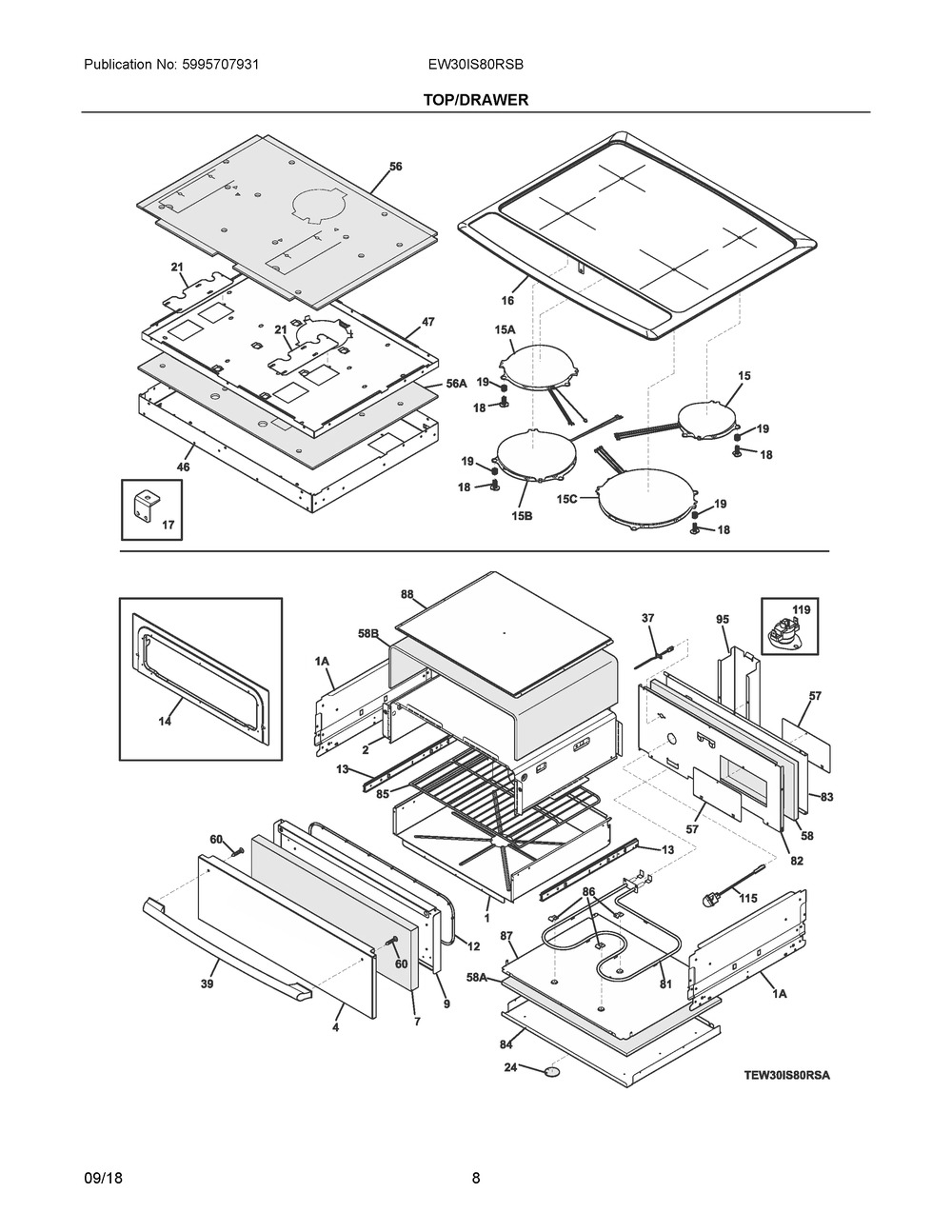 Top/drawer Diagram and Parts List for EW30IS80RSB  Frigidaire Range