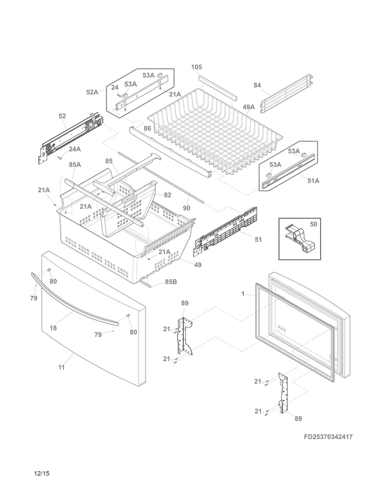 Freezer Drawer, Baskets Diagram and Parts List for 25370343418  Kenmore Refrigerator