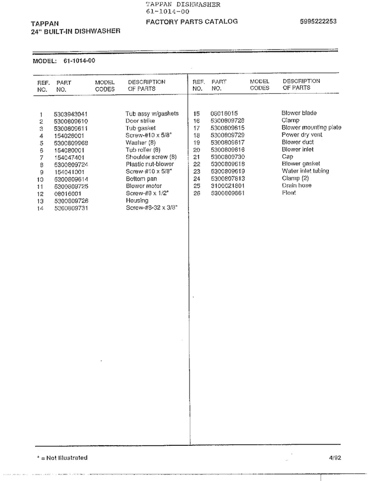 Tappan 24" Built-in Dishwasher Page 5 Diagram and Parts List for 61-1014-00  Frigidaire Dishwasher
