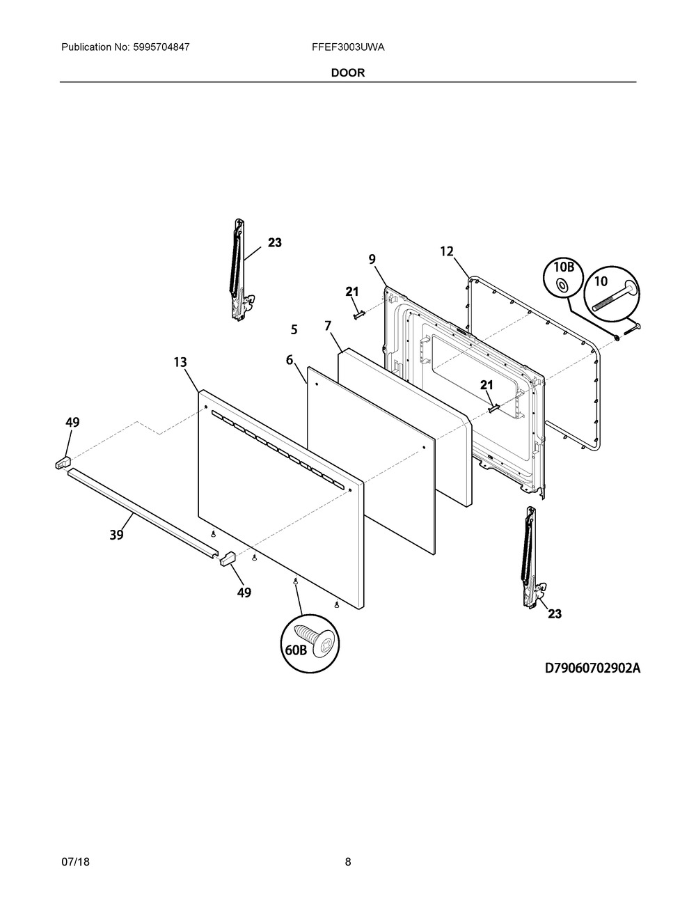 Door Diagram and Parts List for FFEF3003UWA  Frigidaire Range