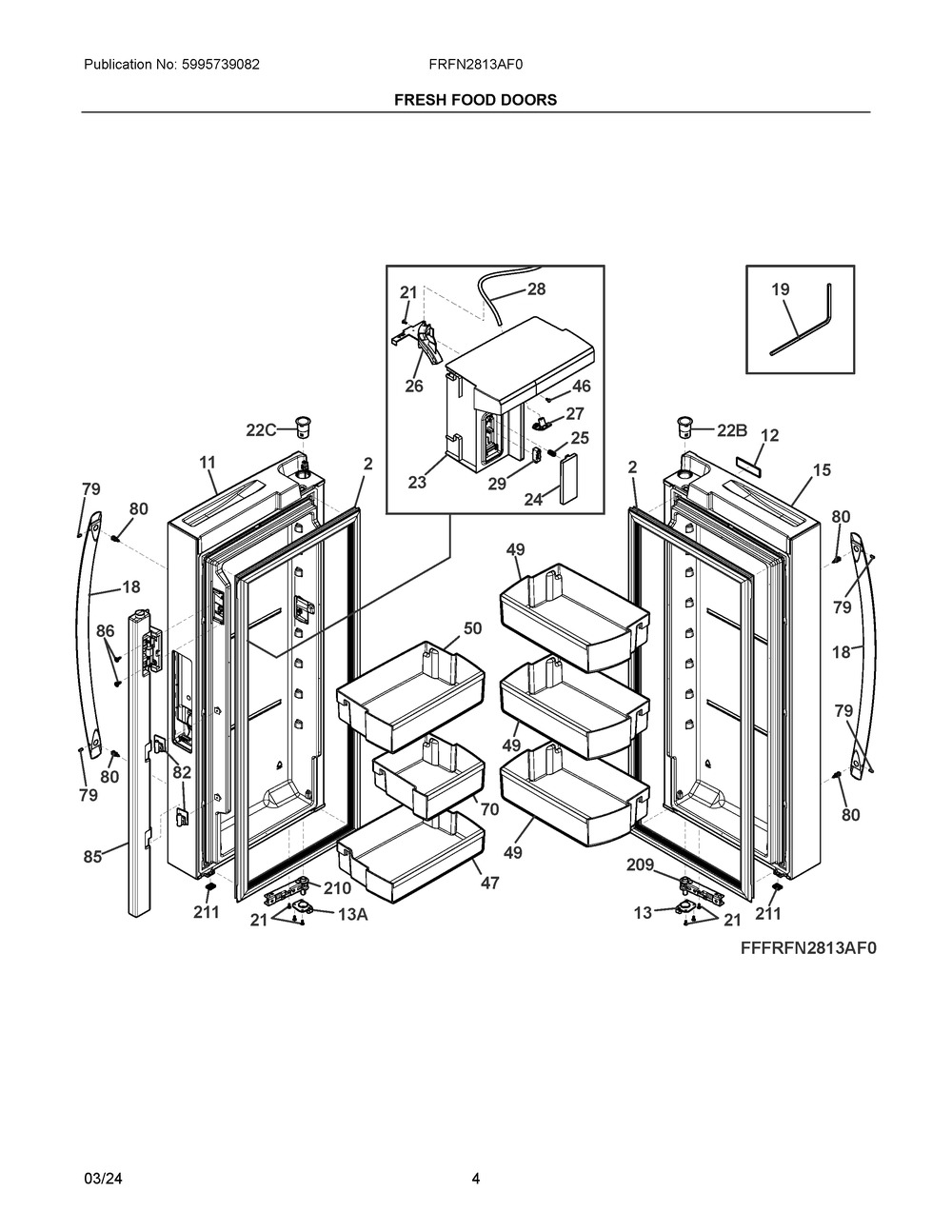 Fresh Food Doors Diagram and Parts List for FRFN2813AF0  Frigidaire Refrigerator
