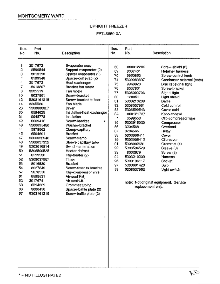 Upright Freezer Page 6 Diagram and Parts List for 46659A  Frigidaire Freezer