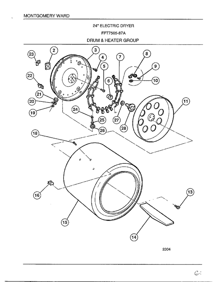 Drum And Heater Group Diagram and Parts List for 7505-87A  Frigidaire Dryer