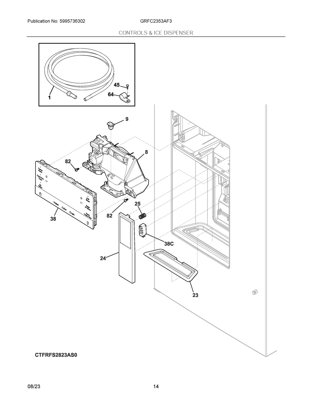 Controls And Ice Dispenser Diagram and Parts List for GRFC2353AF3  Frigidaire Refrigerator