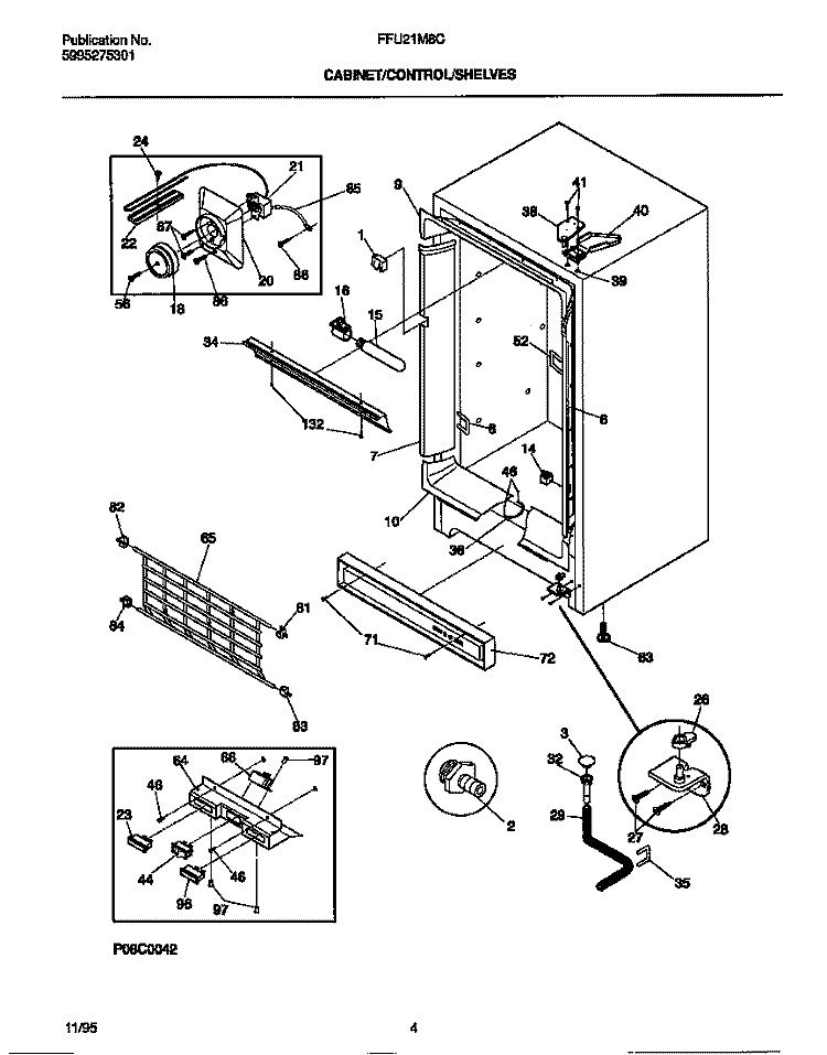 CABINET / CONTROL / SHELVES Diagram and Parts List for FFU21M8CW1  Frigidaire Freezer