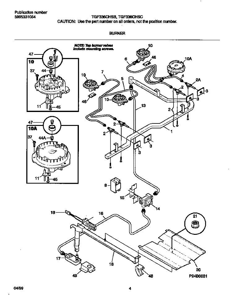 BURNER Diagram and Parts List for TGF336CHSB  Tappan Range