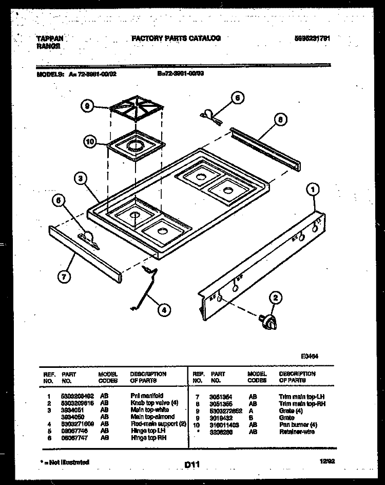 COOKTOP PARTS Diagram and Parts List for 72-3981-00-03  Tappan Range