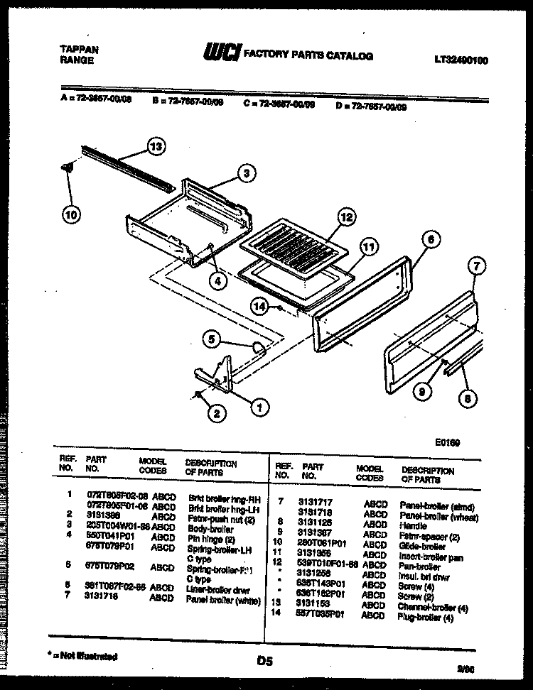 BROILER DRAWER PARTS Diagram and Parts List for 72-3657-00-08  Tappan Range