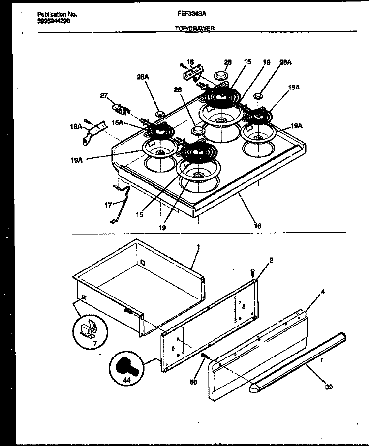 COOKTOP AND DRAWER PARTS Diagram and Parts List for FEF334SADA  Frigidaire Range