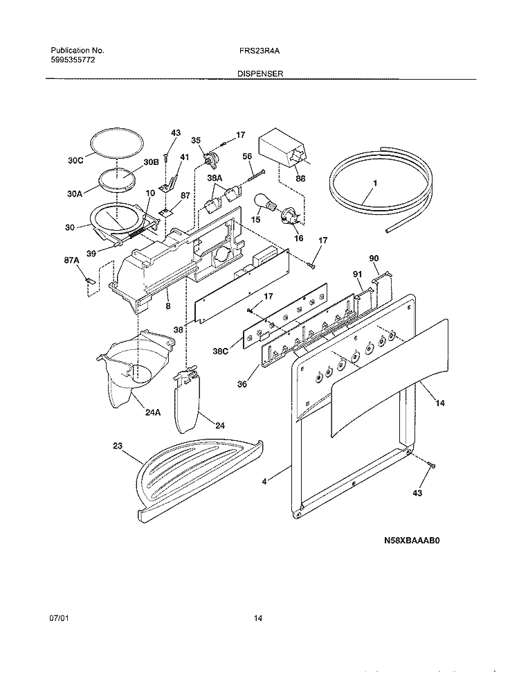 DISPENSER Diagram and Parts List for FRS23R4AW1  Frigidaire Refrigerator