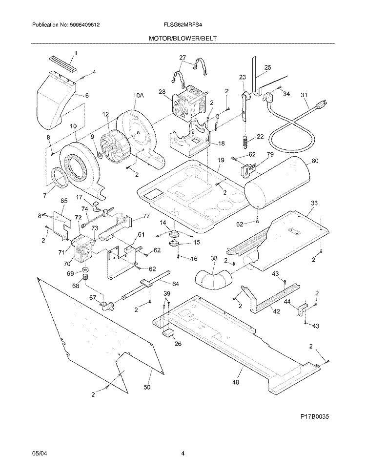 MOTOR / BLOWER / BELT Diagram and Parts List for FLSG62MRFS4  Frigidaire Washer Dryer Combo