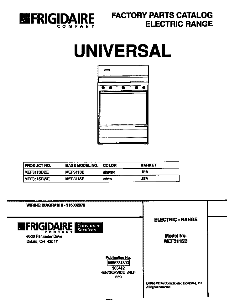 COVER Diagram and Parts List for MEF311SBDE  Frigidaire Range