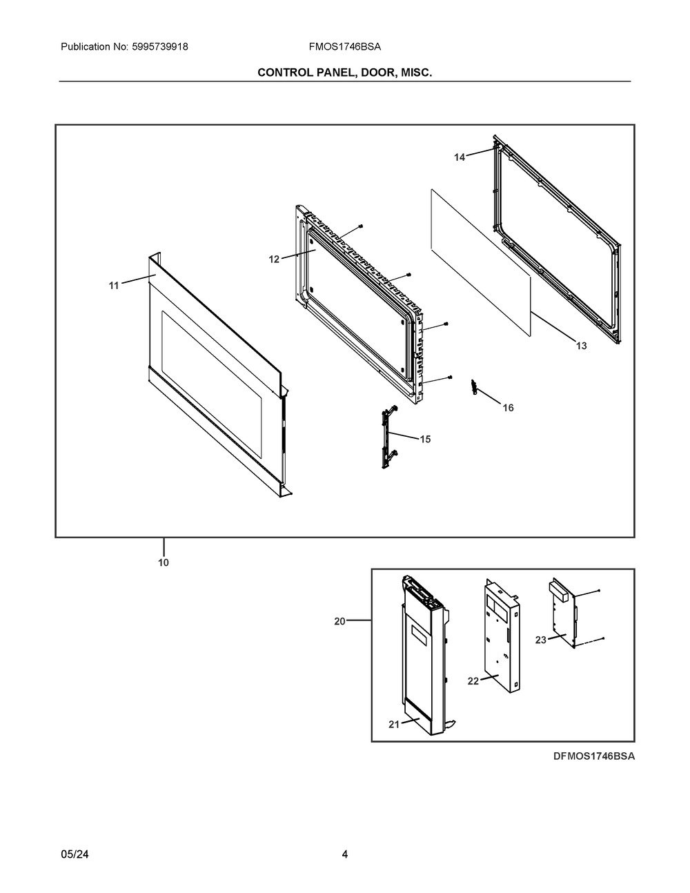 Control Panel, Door, Misc. Diagram and Parts List for FMOS1746BSA  Frigidaire Microwave